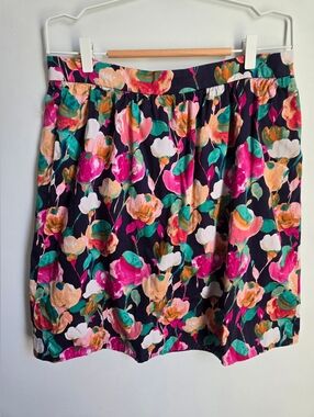 J. CREW  Floral A-Line Cotton Skirt in Dark Blue with Pink & Green Blooms